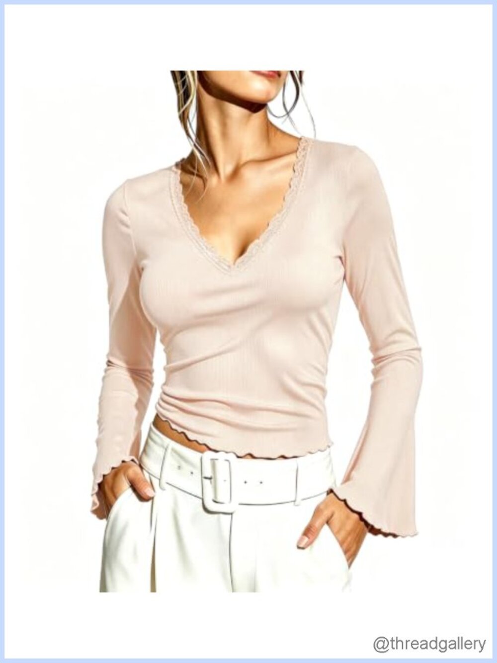 Women Sexy Long Sleeve Lace V Neck Crop Top
